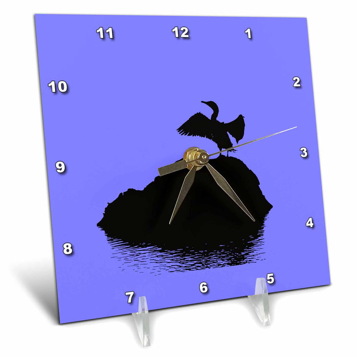 Desk Clock - Minimalistic Basking Black Cormorant Silhouette Vector Art - Cormorant