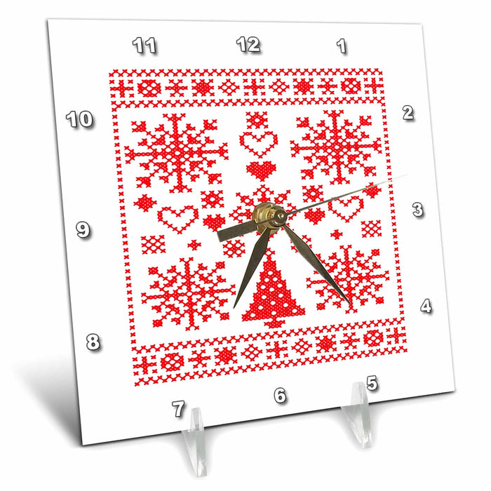 Desk Clock - Christmas Lover Cross Pattern Sampler Artistic Design Red Vector Art - Christmas Cross Stitch