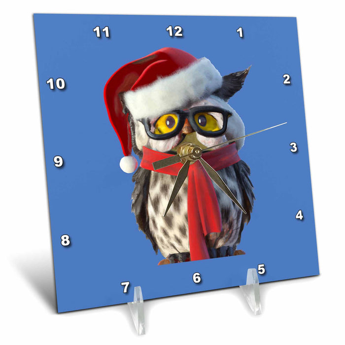 Desk Clock - Christmas Owl Wearing Santa Costume and Red Scarf Vector Vector Art - Christmas Owl