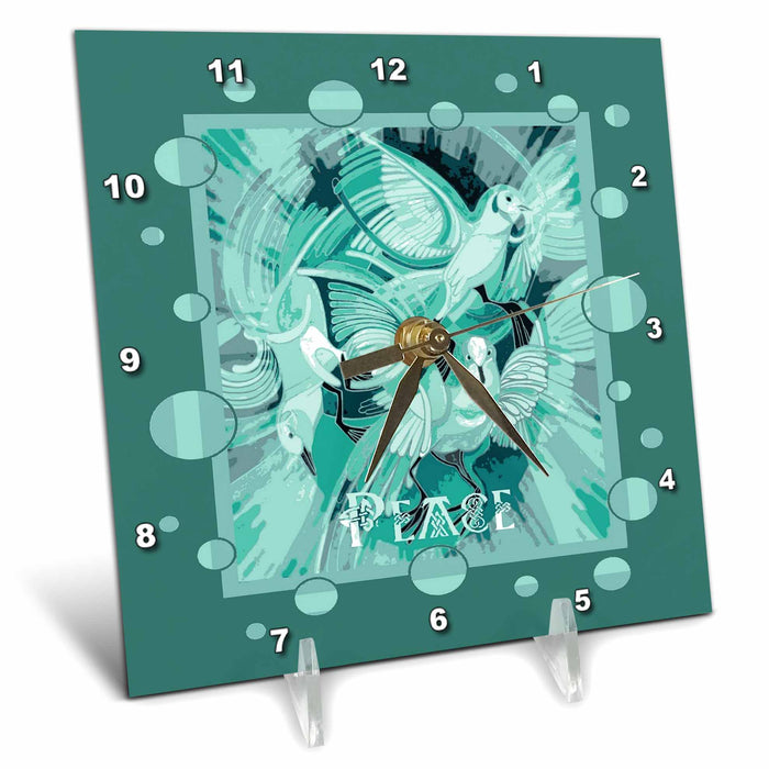 Desk Clock - Dove With Celtic Peace Text In Teal Tones Vector Art - Christmas Dove