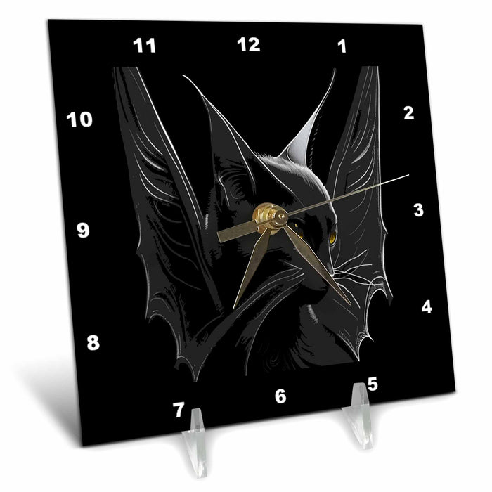 Desk Clock - A Black Bat Cat With Large Pointy Ears And Wing In A Gothic Style Vector Art - Halloween Cat