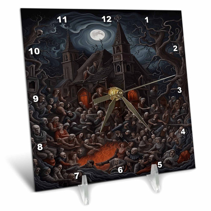 Desk Clock - Haunted House Halloween Zombie Get Together Acrylic Painting - Halloween Zombies