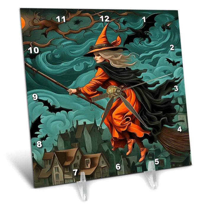 Desk Clock - Weird World Of Witches And Magical Spooky Things Acrylic Painting - Halloween Witch