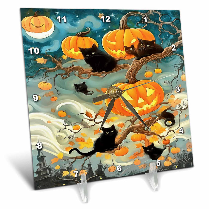 Desk Clock - Halloween Preparation The Black Cat And Pumpkin Patch Acrylic Painting - Cats And Jackolanterns