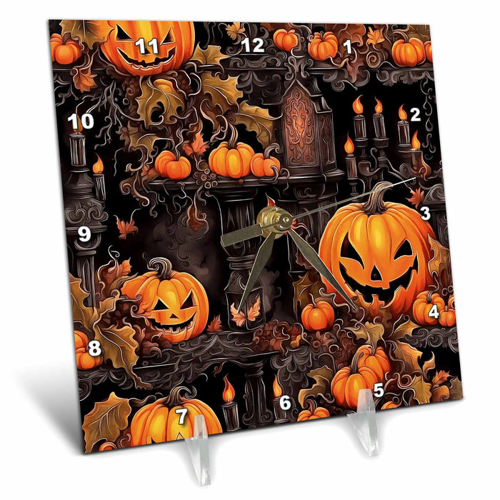 Desk Clock - Jack O Lanterns And Gothic Candle Random Pattern Acrylic Painting - Jackolanterns