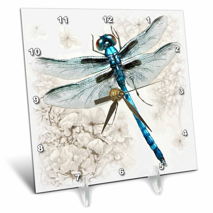 Desk Clock - Blue Dragonfly On A White Floral Background Acrylic Painting - Dragonfly