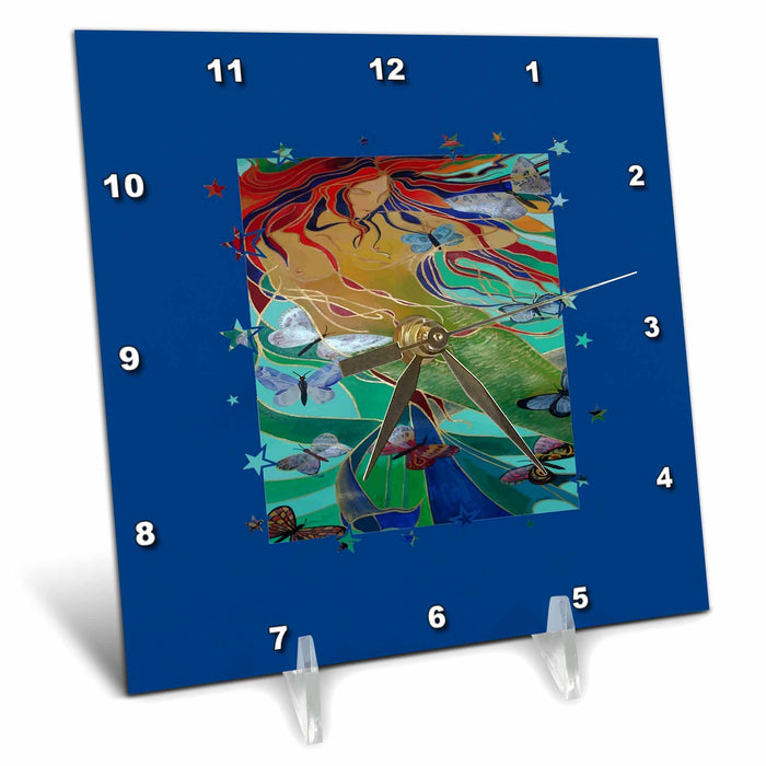 Desk Clock - Mermaid Swimming with Butterflies Fantasy Art Acrylic Painting - Mermaid