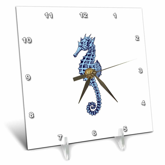 Desk Clock - Cute Seahorse Tattoo Style In Blue and Gray Vector Art - Seahorse