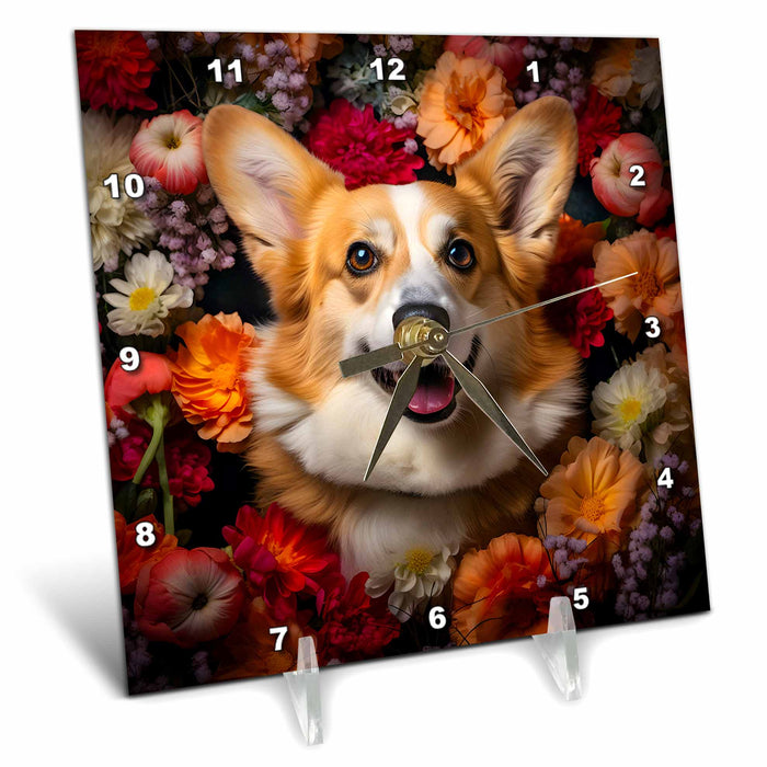 Desk Clock - Pembroke Welsh Corgi with floral background CR Media - Illustrations