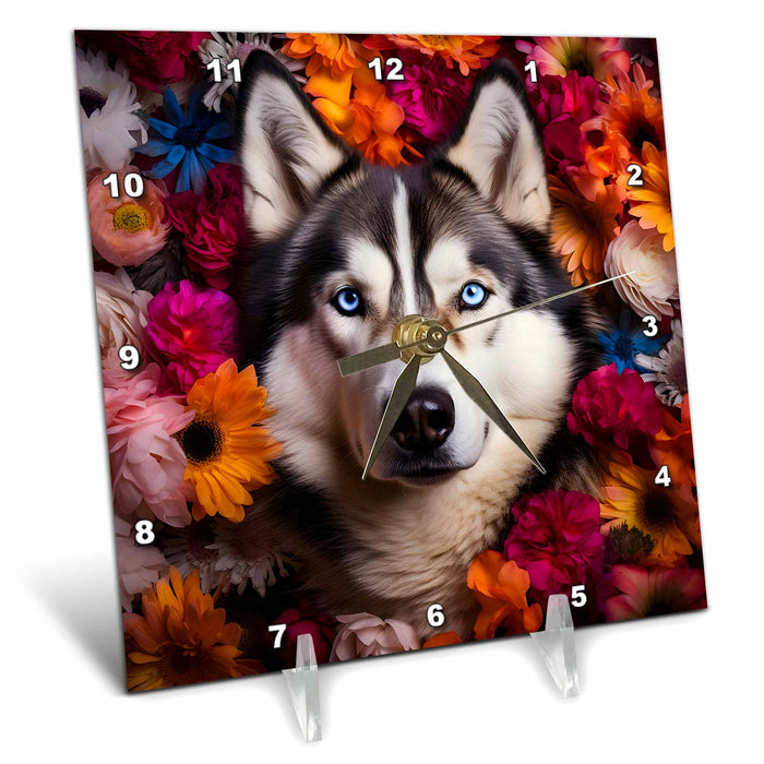 Desk Clock - Siberian Husky with floral background CR Media - Illustrations