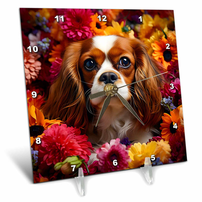 Desk Clock - Cavalier King Charles Spaniel with floral background CR Media - Illustrations