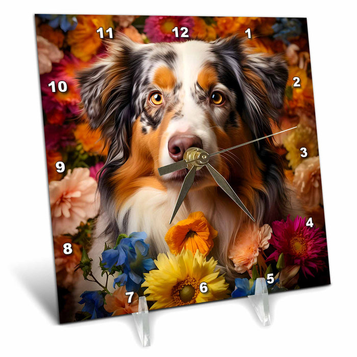 Desk Clock - Australian Shepherd with floral background CR Media - Illustrations