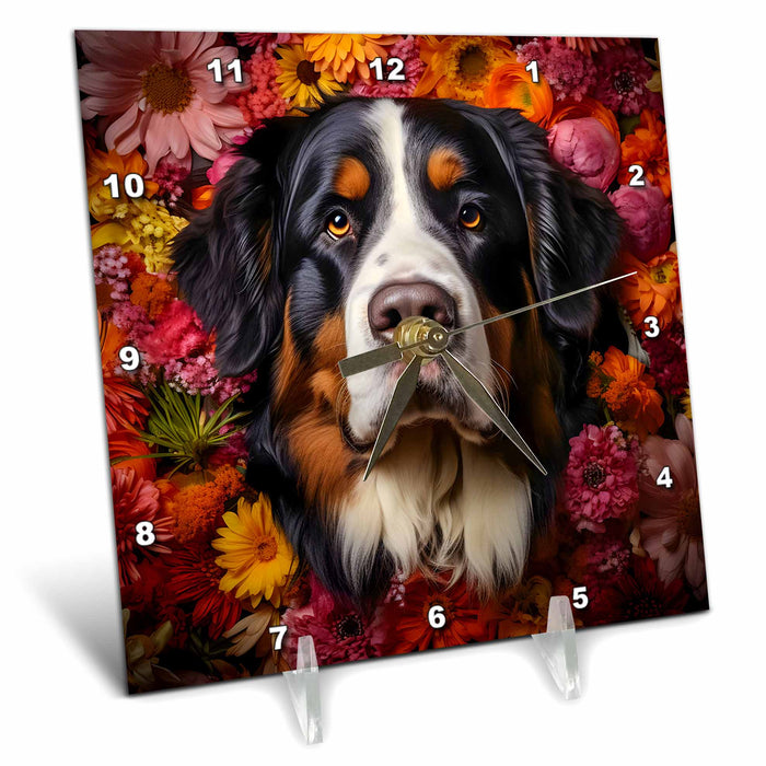 Desk Clock - Bernese Mountain Dog with floral background CR Media - Illustrations