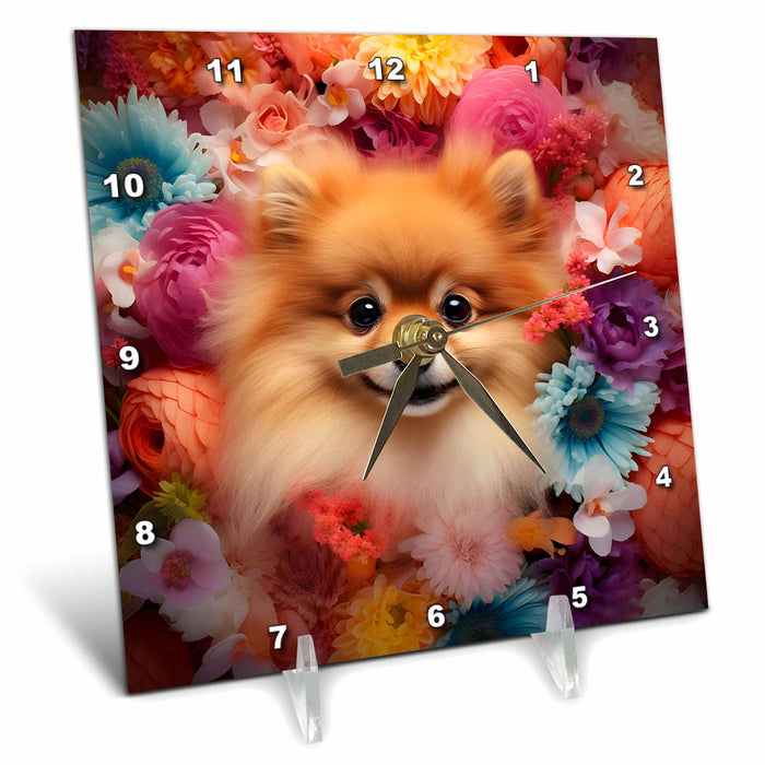 Desk Clock - Pomeranian with floral background CR Media - Illustrations