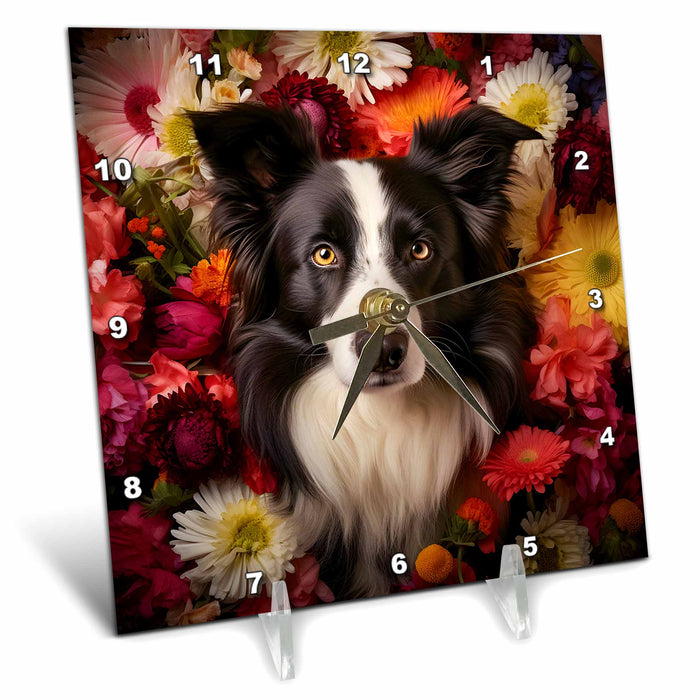 Desk Clock - Border Collie with floral background CR Media - Illustrations