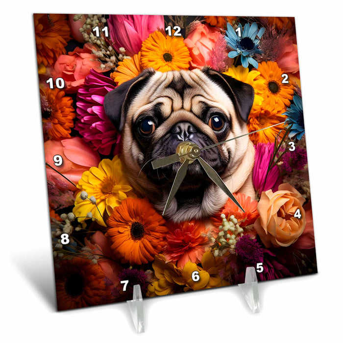 Desk Clock - Pug with floral background CR Media - Illustrations