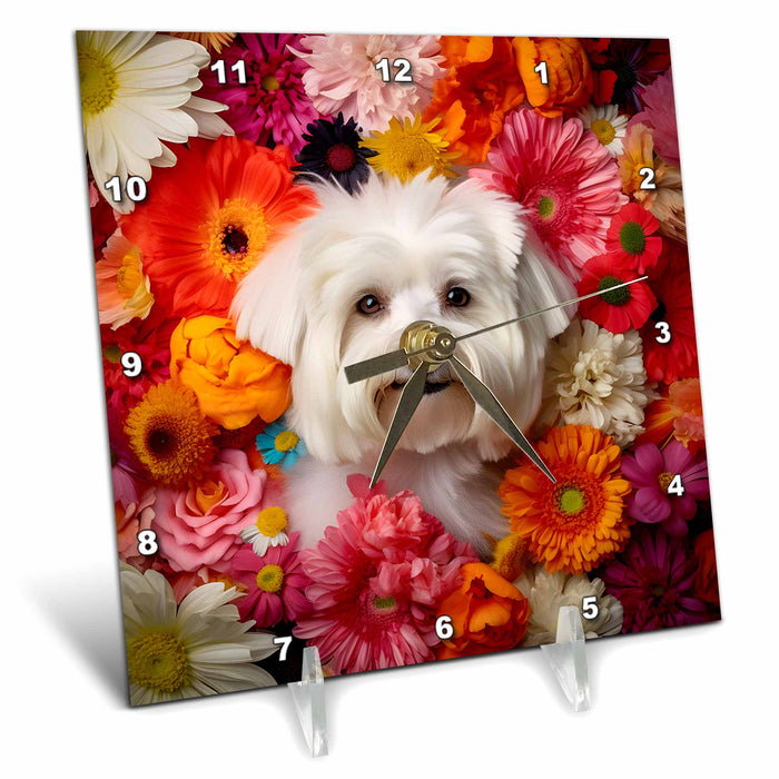 Desk Clock - Maltese with floral background CR Media - Illustrations