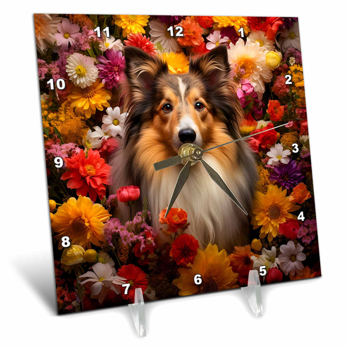 Desk Clock - Shetland Sheepdog with floral background CR Media - Illustrations