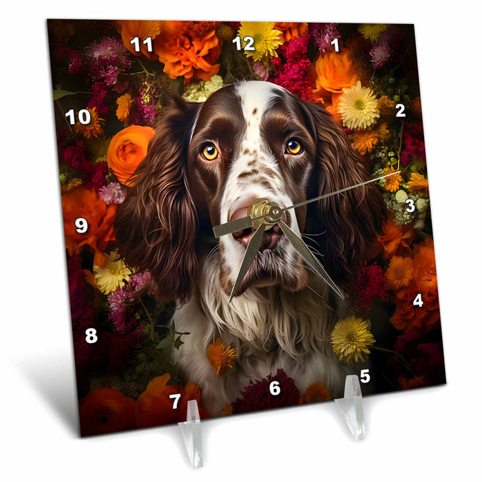 Desk Clock - English Springer Spaniel with floral background CR Media - Illustrations