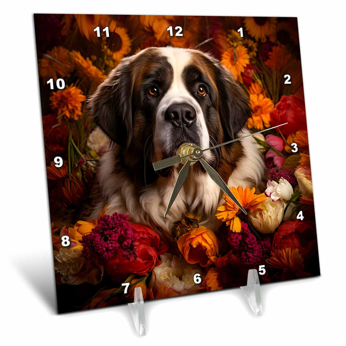 Desk Clock - St. Bernard with floral background CR Media - Illustrations