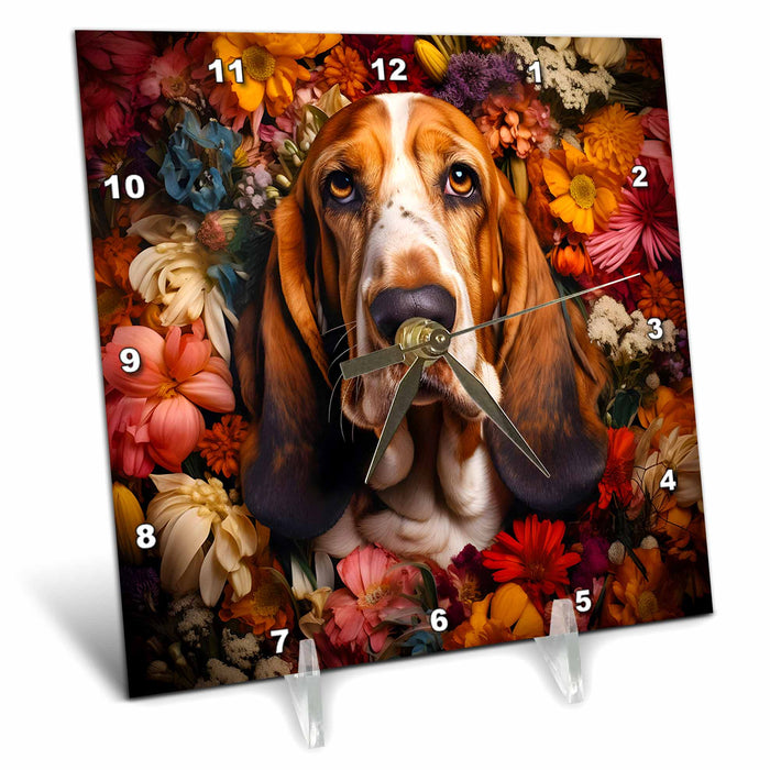 Desk Clock - Basset Hound with floral background CR Media - Illustrations