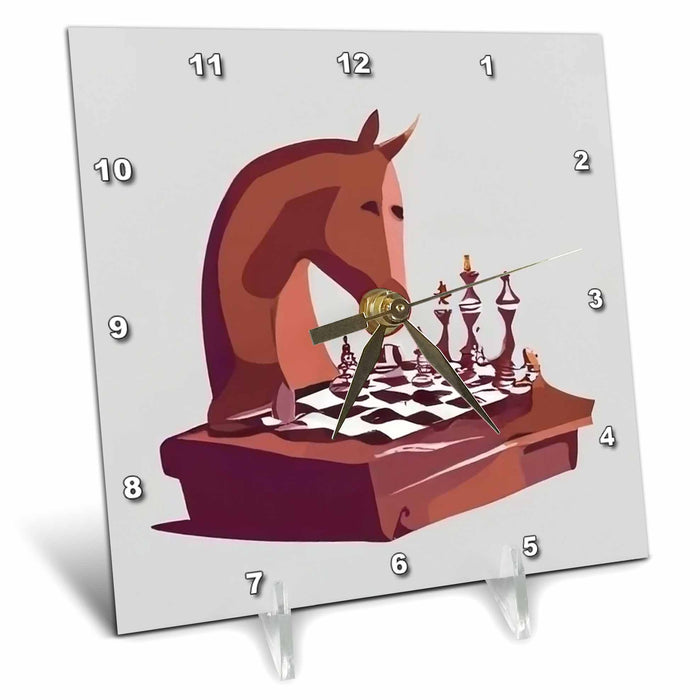 Desk Clock - Cute funny Horse Playing Chess Game Chess Player Sports and Hobbies