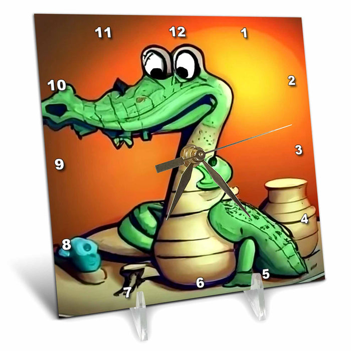 Desk Clock - Cute funny Alligator Making Pottery with Clay and Throwing Pottery Sports and Hobbies