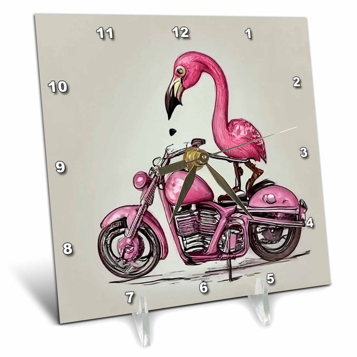 Desk Clock - Funny Pink flamingo Riding Motorcycle Biker bird Steampunk Sports and Hobbies