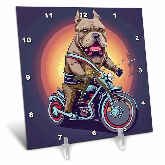 Desk Clock - Funny Pitbull Dog Riding Motorcycle Biker Pit bull Steampunk Sports and Hobbies