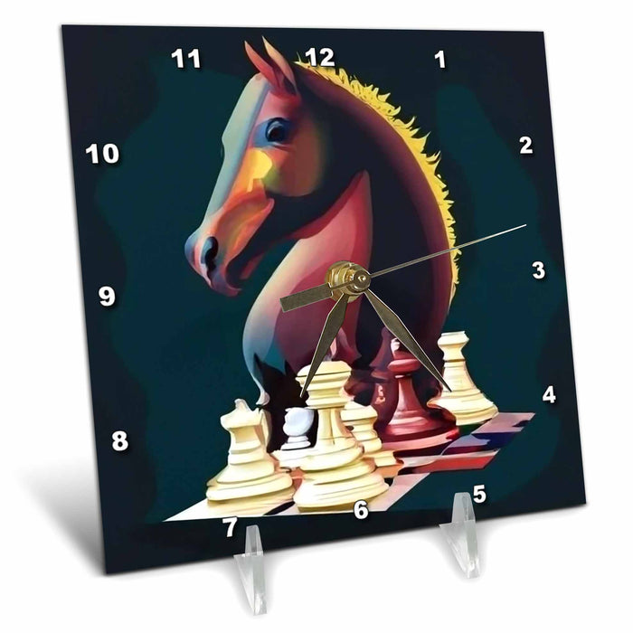 Desk Clock - Cool Cute Funny Horse Playing Chess Game Chess Players Cubism Sports and Hobbies