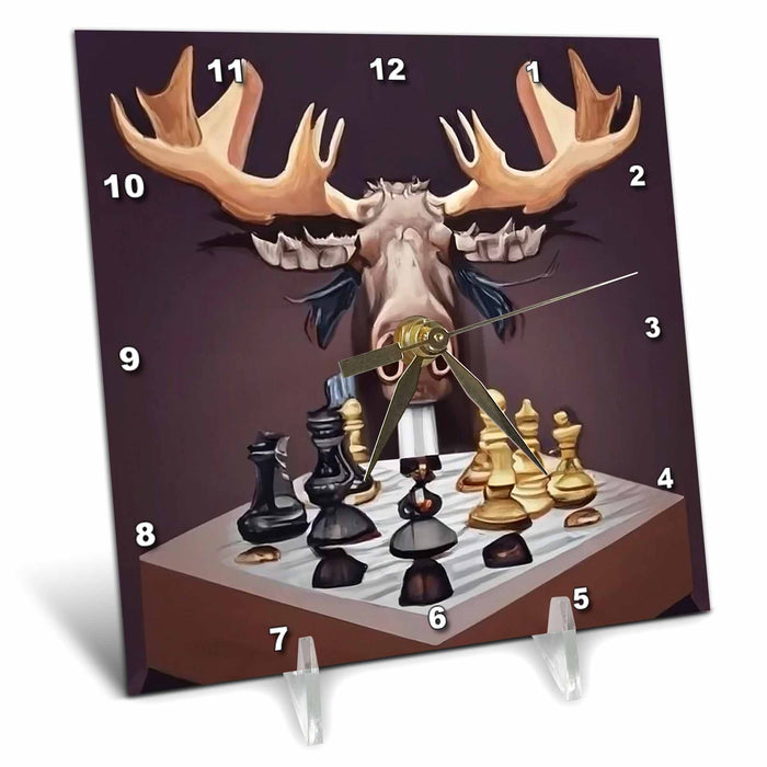 Desk Clock - Cool Cute Funny Moose Playing Chess Game Chess Players Cubism Sports and Hobbies