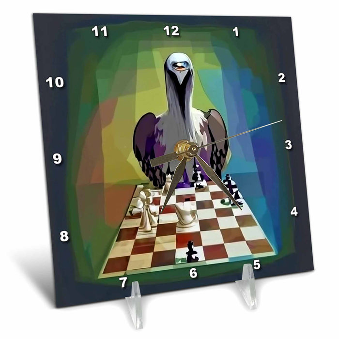 Desk Clock - Cute Funny Old Buzzard Bird Playing Chess Game Chess Players Cubism Sports and Hobbies