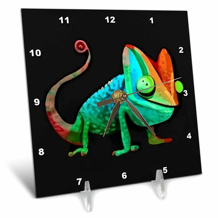 Desk Clock - Cute Funny Cool Colorful Chameleon Lizard Cubism Art Animals