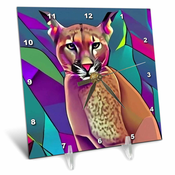 Desk Clock - Cute Funny Cool Colorful Cougar or Moutnain Lion Cubism Art Animals