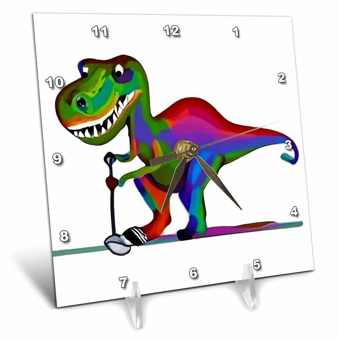 Desk Clock - Cute Funny T-rex Dinosaur Playing Golf Golfers Sports Cubism Style Sports and Hobbies