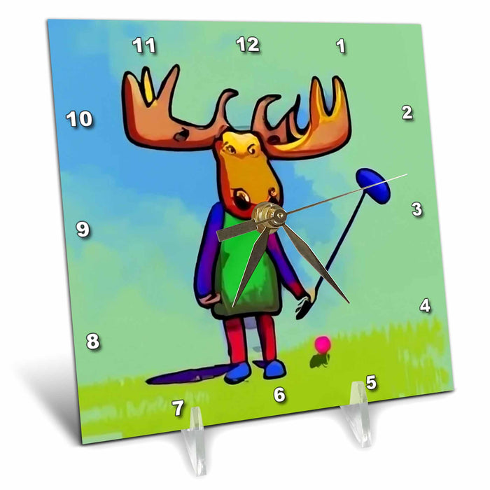 Desk Clock - Cute Funny Moose Playing Golf Golfers Sports Golfing Cubism Style Sports and Hobbies