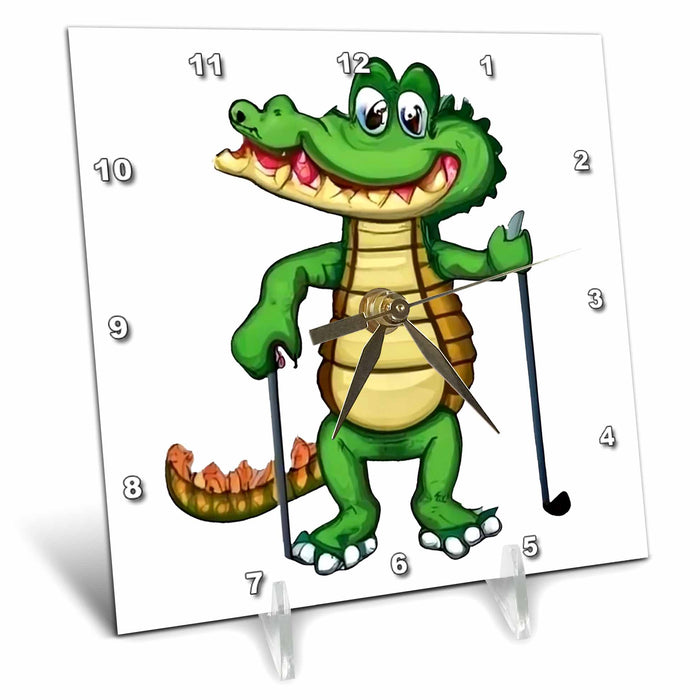 Desk Clock - Cute Funny Alligator Playing Golf Golfers Sports Golfing Cubism Style Sports and Hobbies