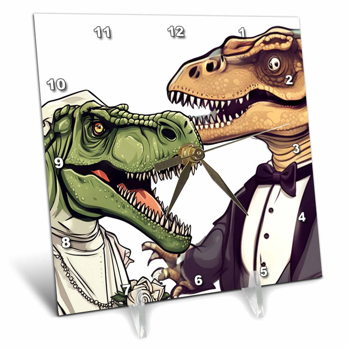 Desk Clock - Cute Funny T-rex Dinosaur Bride and Groom Wedding Cubism Style Love and Weddings