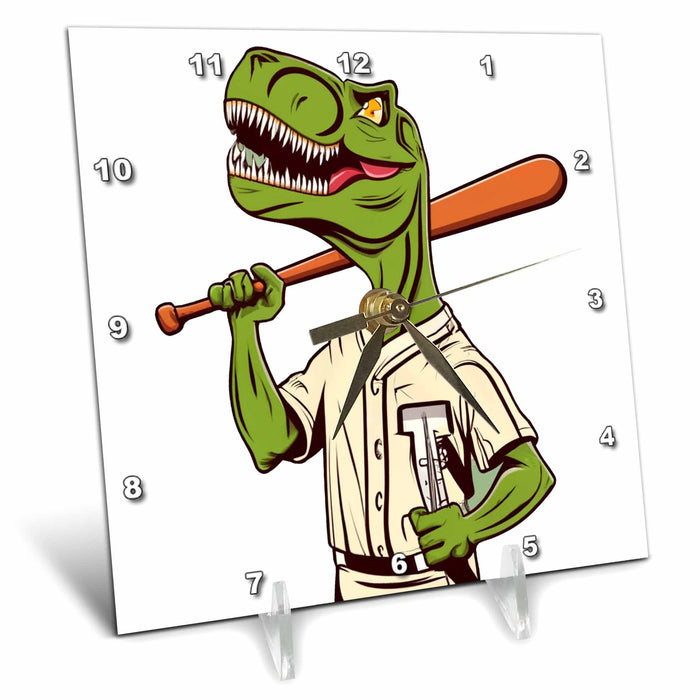 Desk Clock - Cute Funny T-rex Dinosaur Playing Baseball Sports Cubism Style Sports and Hobbies