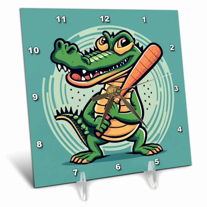 Desk Clock - Cute Funny Alligator Playing Baseball Sports Cubism Style Sports and Hobbies