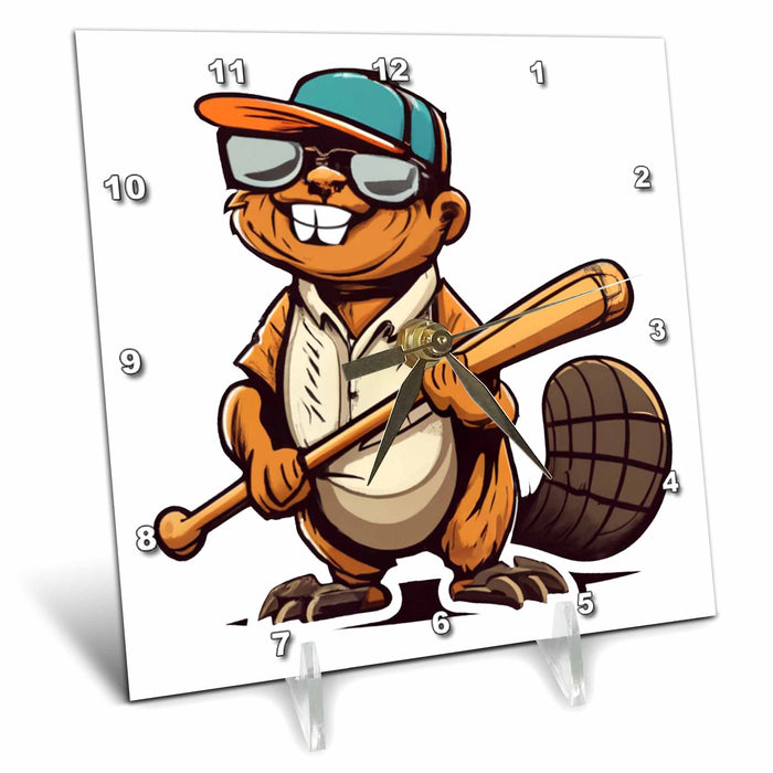 Desk Clock - Cute Funny Beaver Playing Baseball Sports Cubism Style Sports and Hobbies