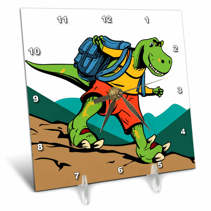 Desk Clock - Cute Funny T-rex Dinosaur Hiking for Hikers and Campers and Old Age Sports and Hobbies