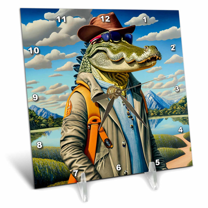 Desk Clock - Cool Funny Alligator Hiking for Hikers and Campersin Cubism Style Sports and Hobbies