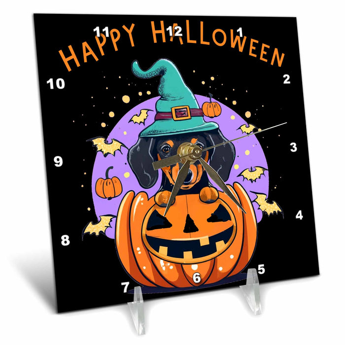 Desk Clock - Cute Funny Dachshund dog in Wizard hat in Pumpkin Happy Halloween Halloween