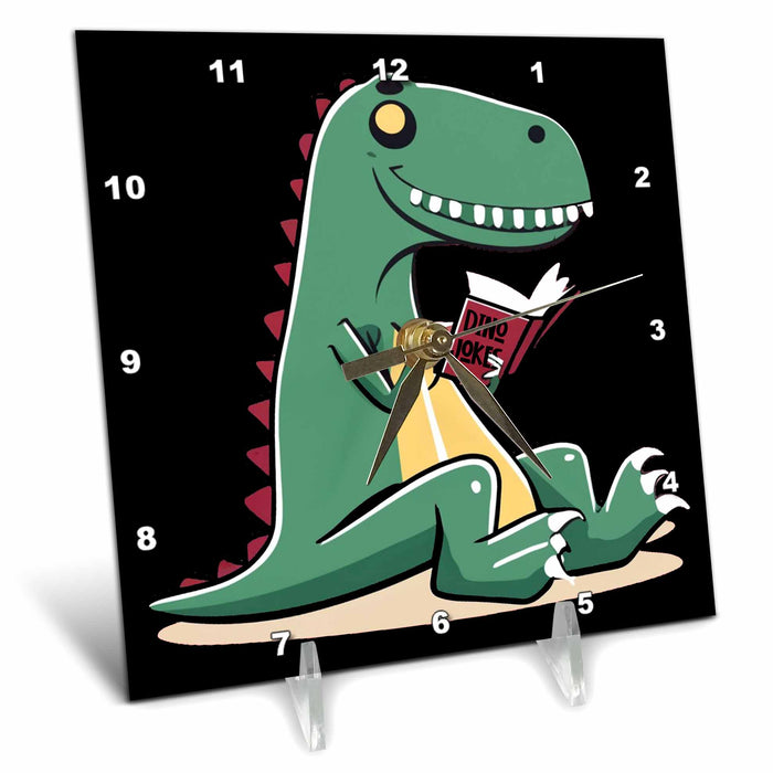 Desk Clock - Cute Funny T-rex Dinosaur Reading Book called DINO Jokes Satire Sports and Hobbies