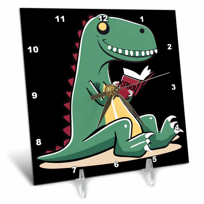 Desk Clock - Cute Funny T-rex Dinosaur Reading Book called Cobol Programming Sports and Hobbies