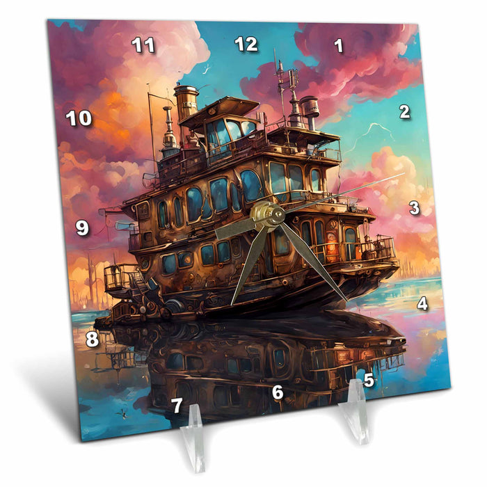 Desk Clock - Steampunk Fantasy Houseboat Digital Art