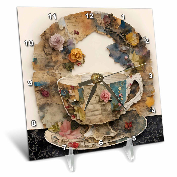 Desk Clock - Mixed Media Collage Teacup AI Generated Digital Art