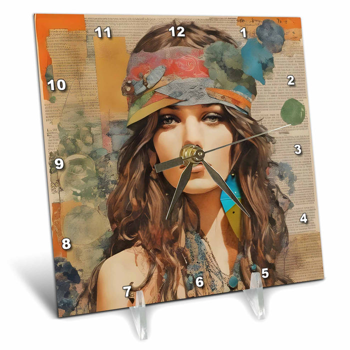 Desk Clock - Mixed Media Collage Hippie Woman AI Generated Digital Art