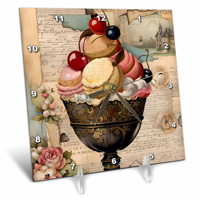 Desk Clock - Vintage Ice Cream Sundae Mixed Media Collage AI Generated Digital Art